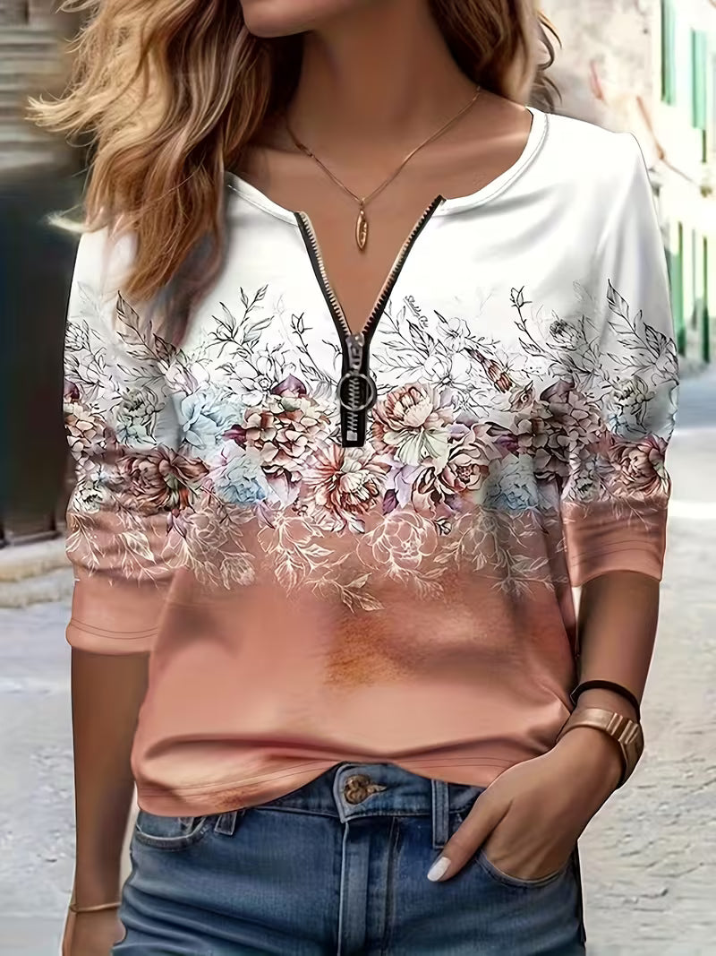 Tishna - Top Com Estampado Gráfico Floral Elegante