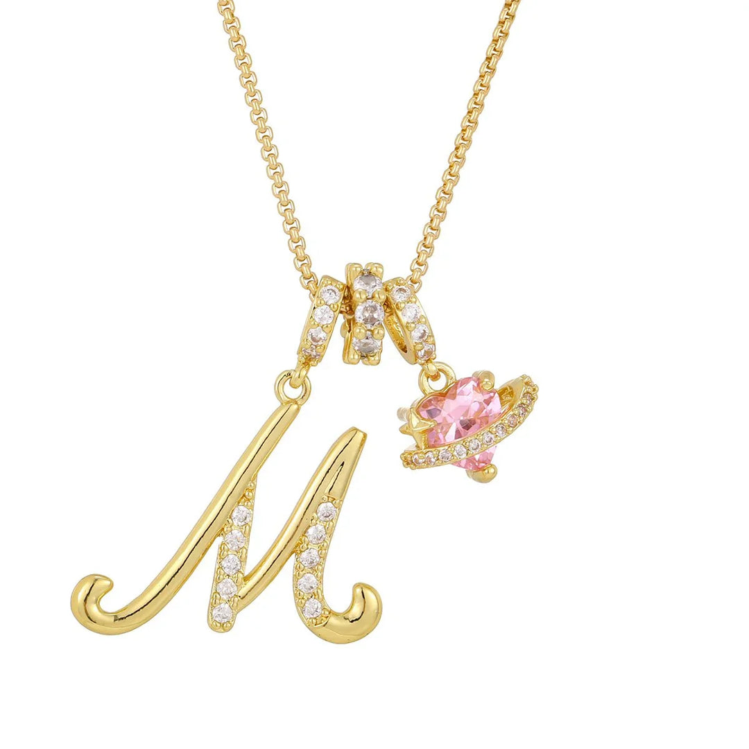 Nerute - Colar Com Inicial e Pingente em Forma de Coração Rosa