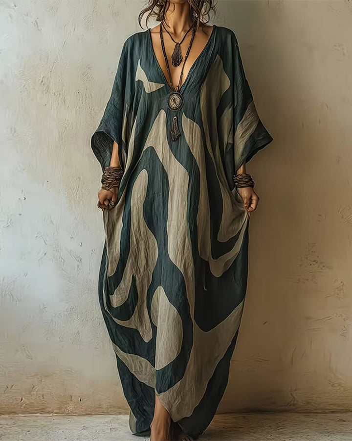 Valarien - Vestido Maxi Solto Com Padrão Abstrato E Decote Em V