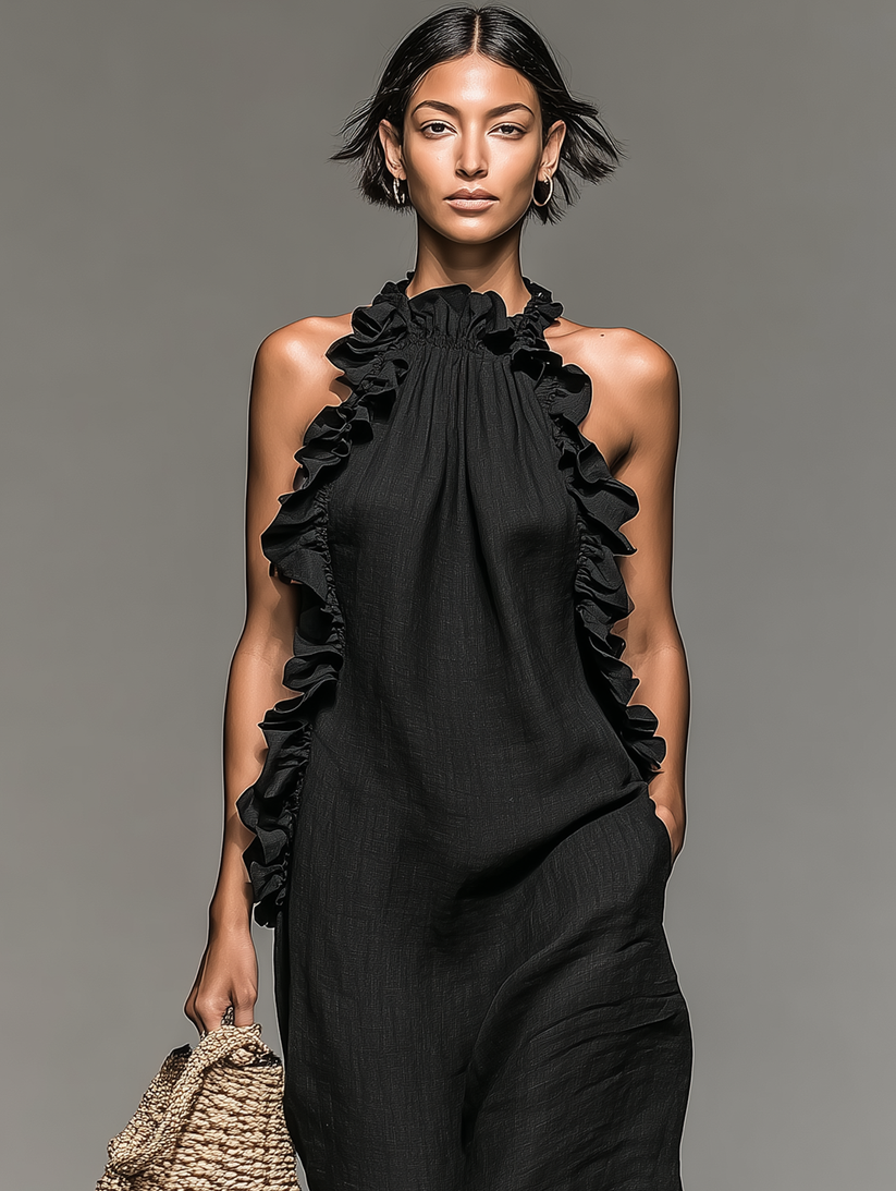 Fiora - Vestido Longo SEM Mangas, Com Babados, Decote Halter E Bolsos
