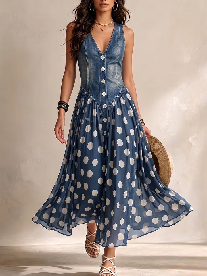 Vylina - Vestido De Ganga Com Saia De Chiffon às Bolinhas