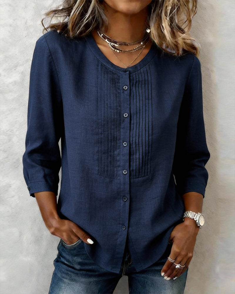 Itsasne - Camisa De Algodão Com Mangas Três Quartos e Botões