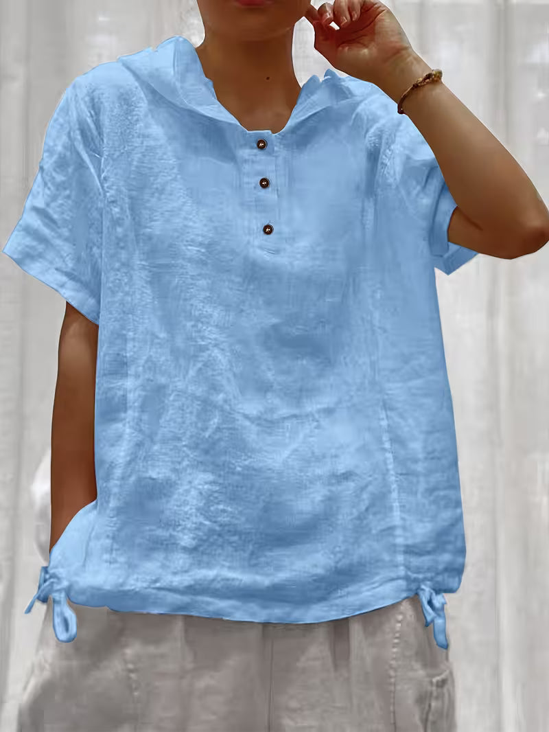 Bouchra - Camisa Folgada De Manga Curta Com Capuz De Cor Lisa E Botões À Frente