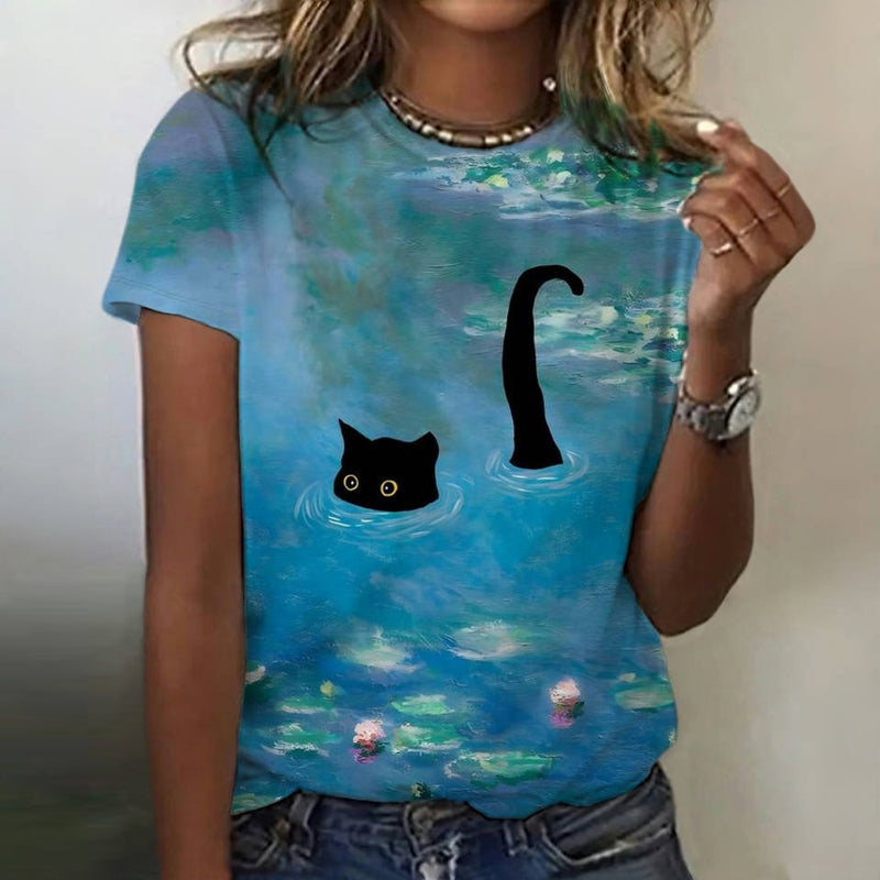 Phailin - T-Camisa Criativa Com Estampado De Gato