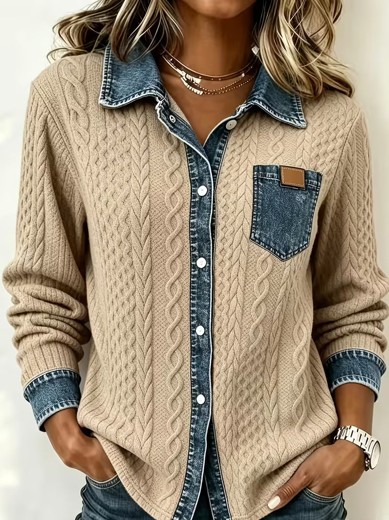 Eryna - Camisa de Manga Comprida em Malha Trançada Com Gola em Ganga