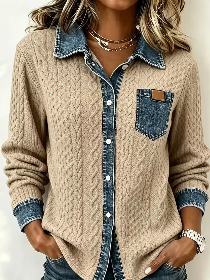 Eryna - Camisa de Manga Comprida em Malha Trançada Com Gola em Ganga