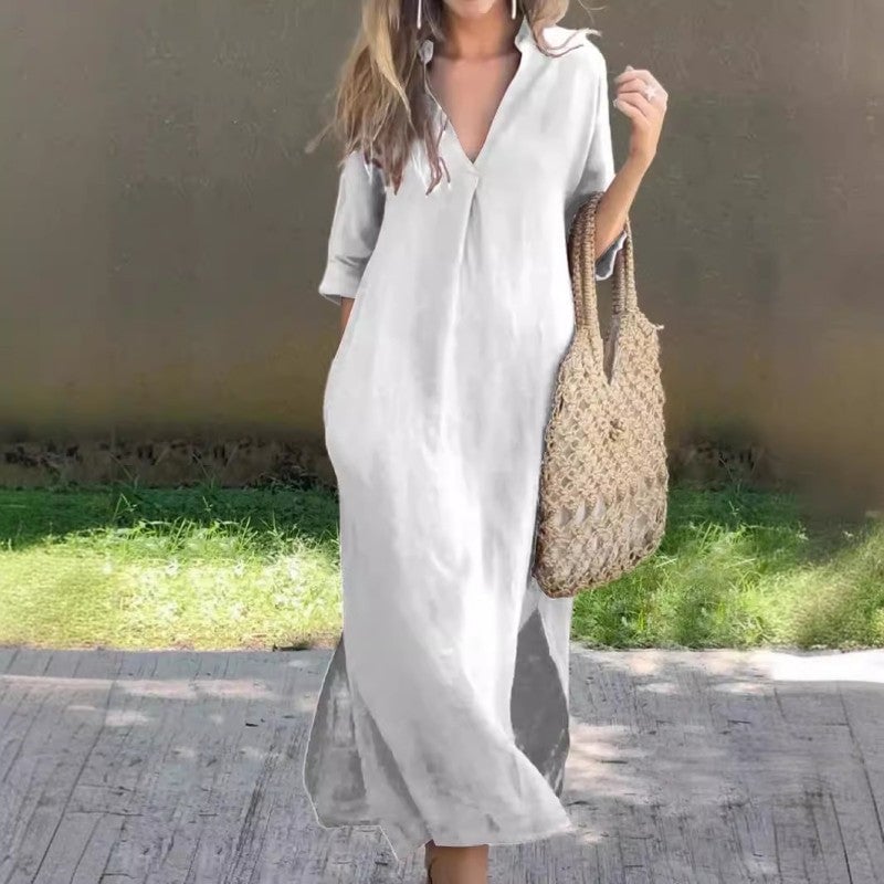 Ramune - Vestido Casual de Linho Com Decote em V