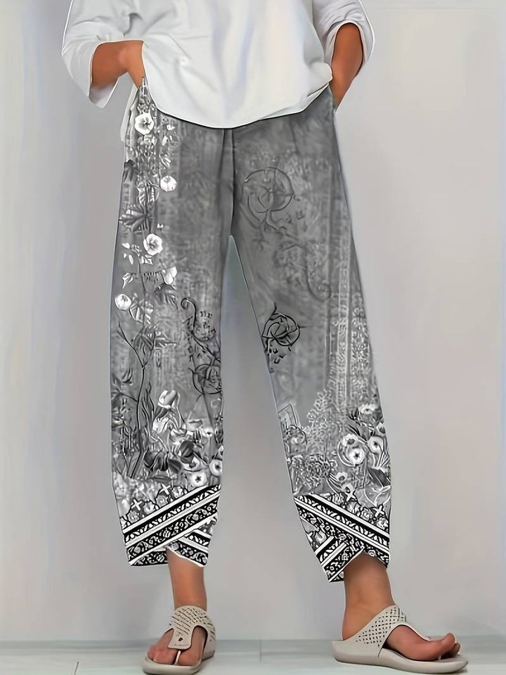 Thimasha - Calças Capri Com Padrão Floral Vintage e Cintura Elástica