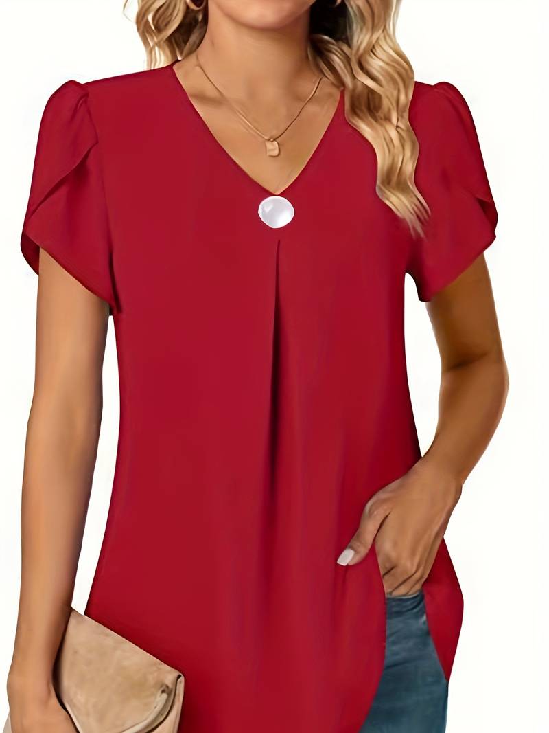 Thilakshi - Blusa de Manga Curta Com Folhos e um Unico Botão