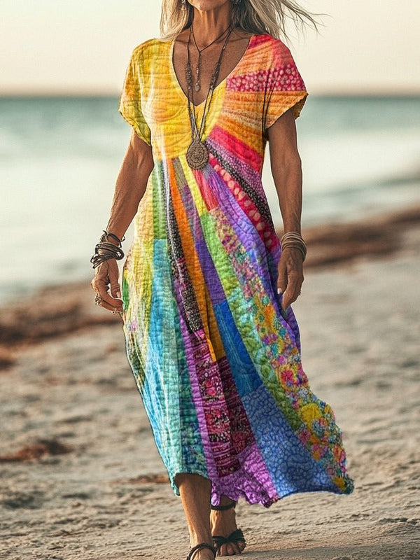 Meinir - Vestido Com Riscas Coloridas e Decote Em V