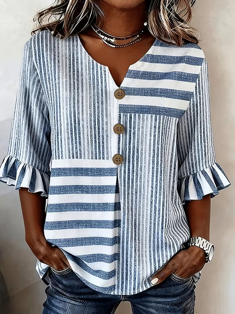 Avyra - Top Com Botões, Mangas Com Folhos E Patchwork Às Riscas