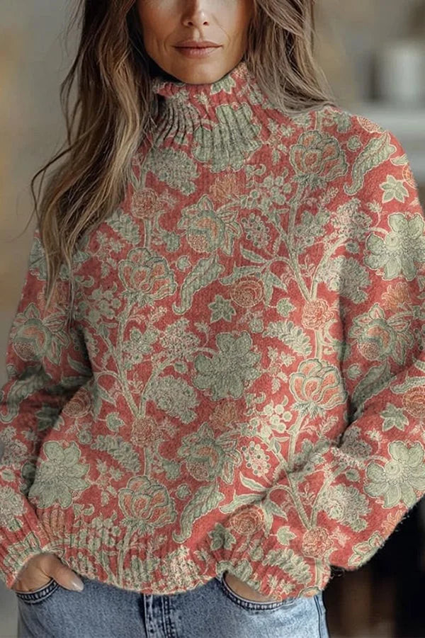 Nijole - Moletom Floral de Gola Alta e Mangas Compridas