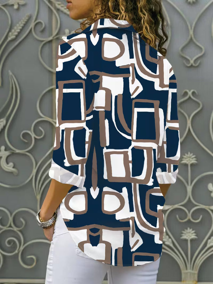 Fizana - Camisa casual de chiffon com padrão geométrico