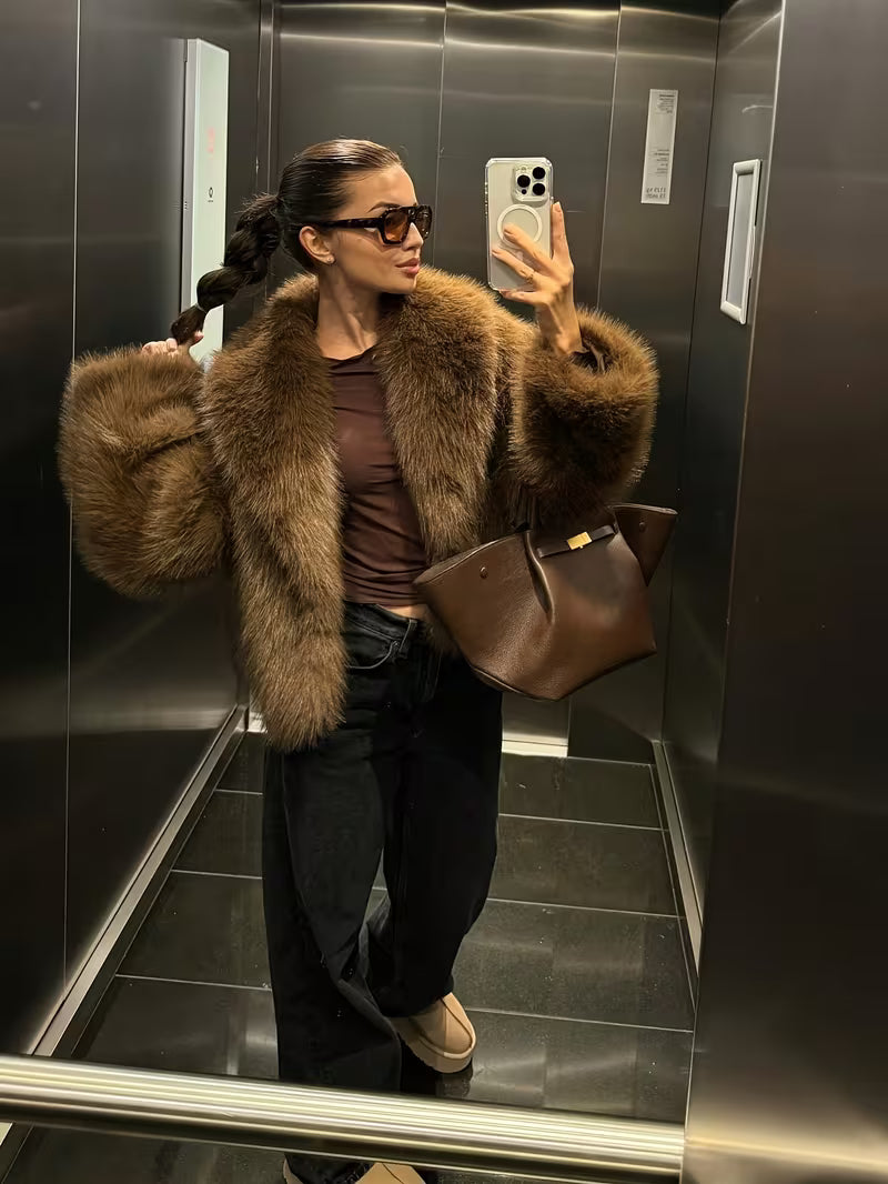 Jorida - Casaco Curto Oversized Com Lapelas, Em Pele Sintética