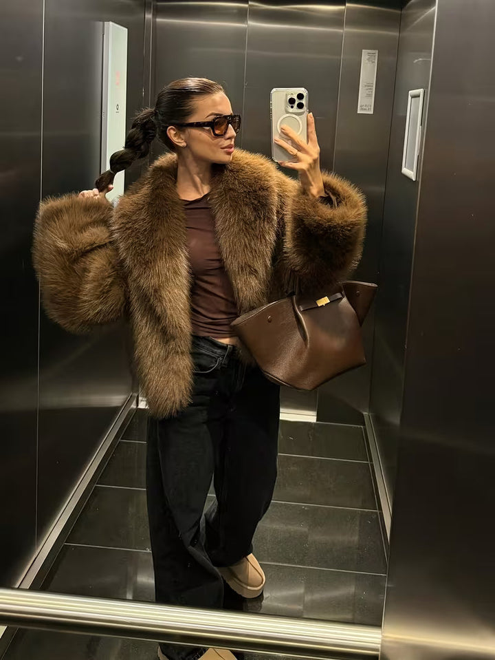 Jorida - Casaco Curto Oversized Com Lapelas, Em Pele Sintética