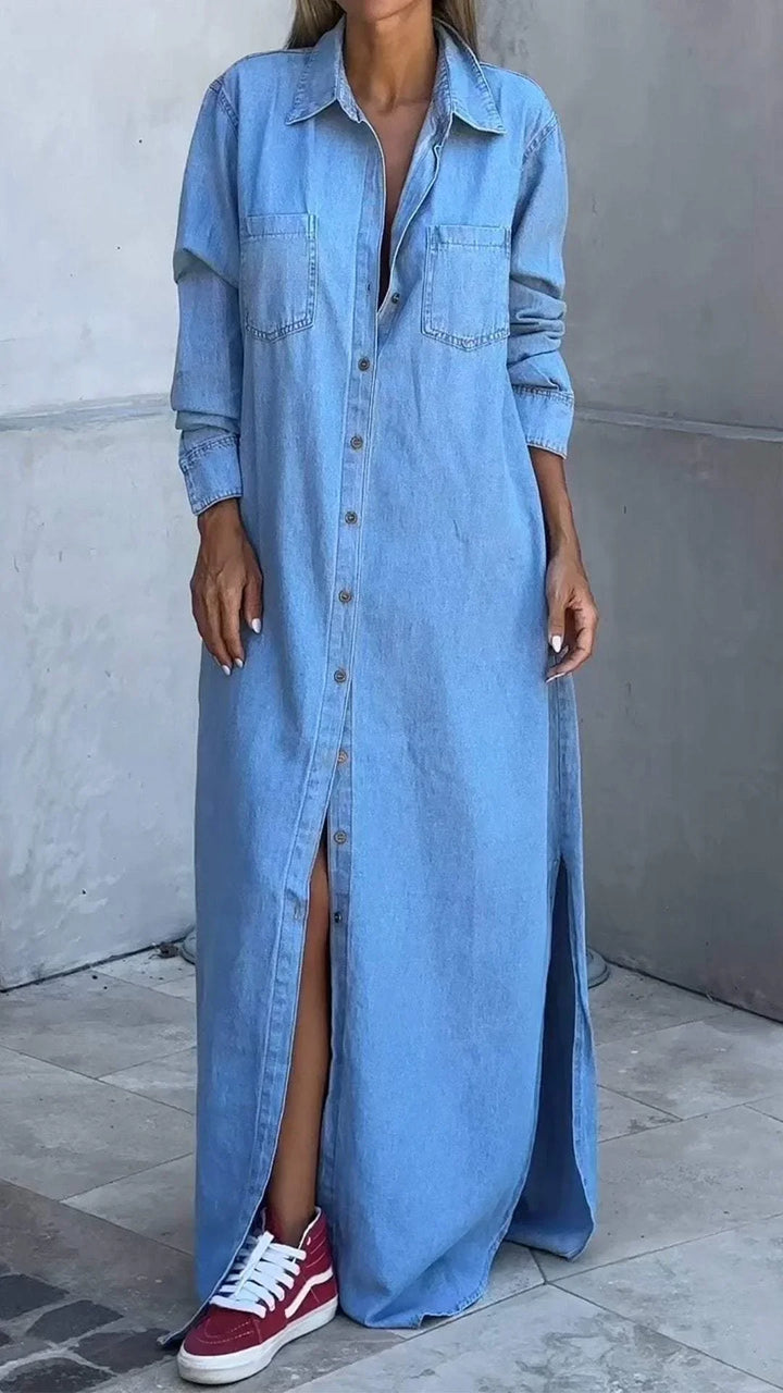 Chondona - Vestido De Ganga Com Mangas Compridas E Lapelas