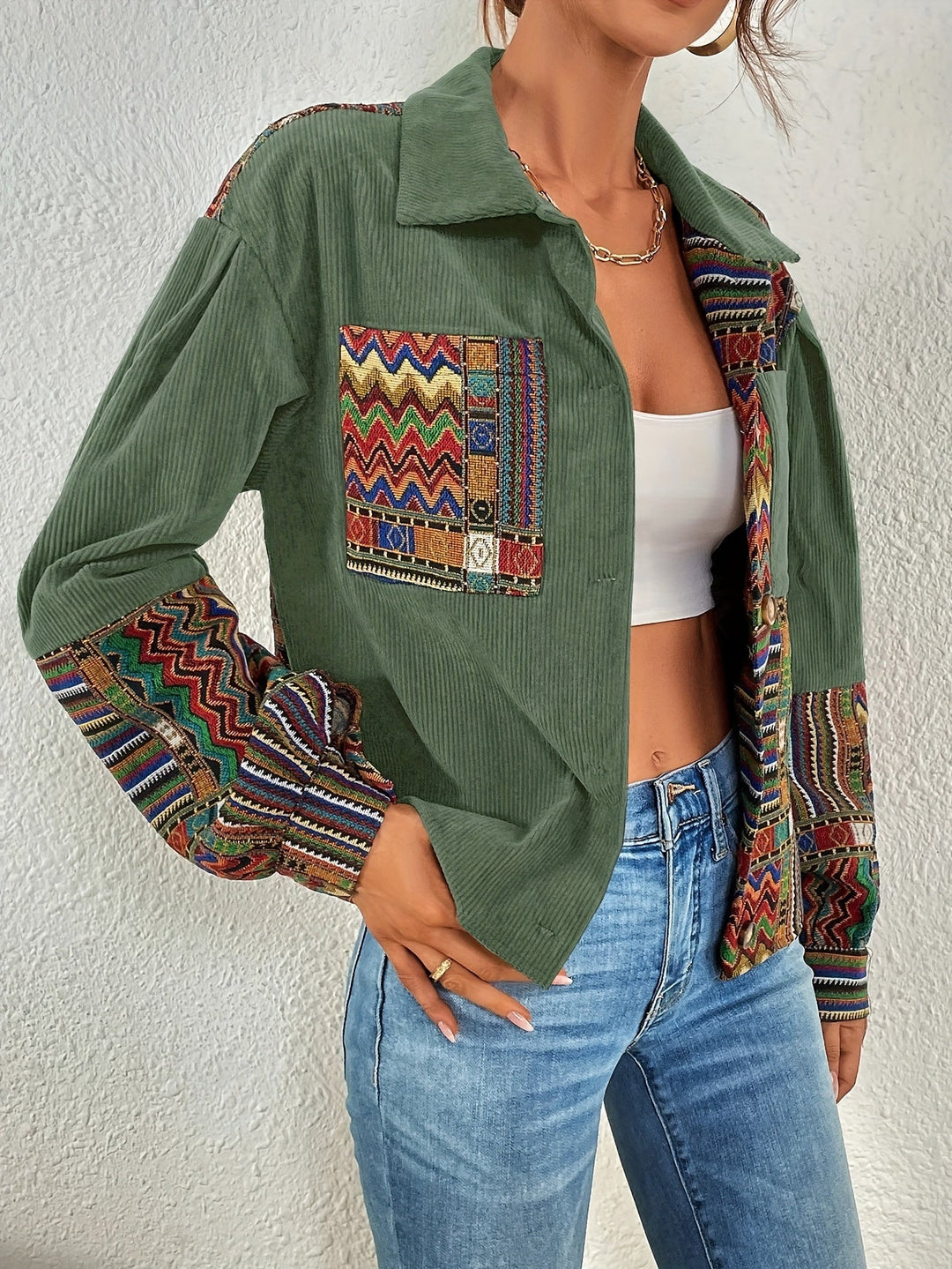 Amelina - Casaco De Veludo Cotelê Com Botões E Padrão Patchwork Boho
