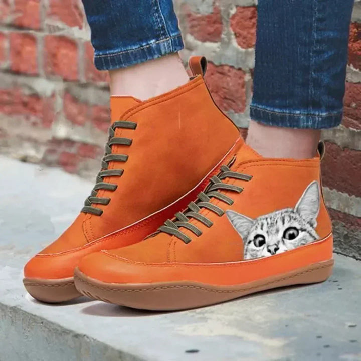 Fenna - Botas De Couro até Ao Tornozelo Para OS Amantes De Gatos