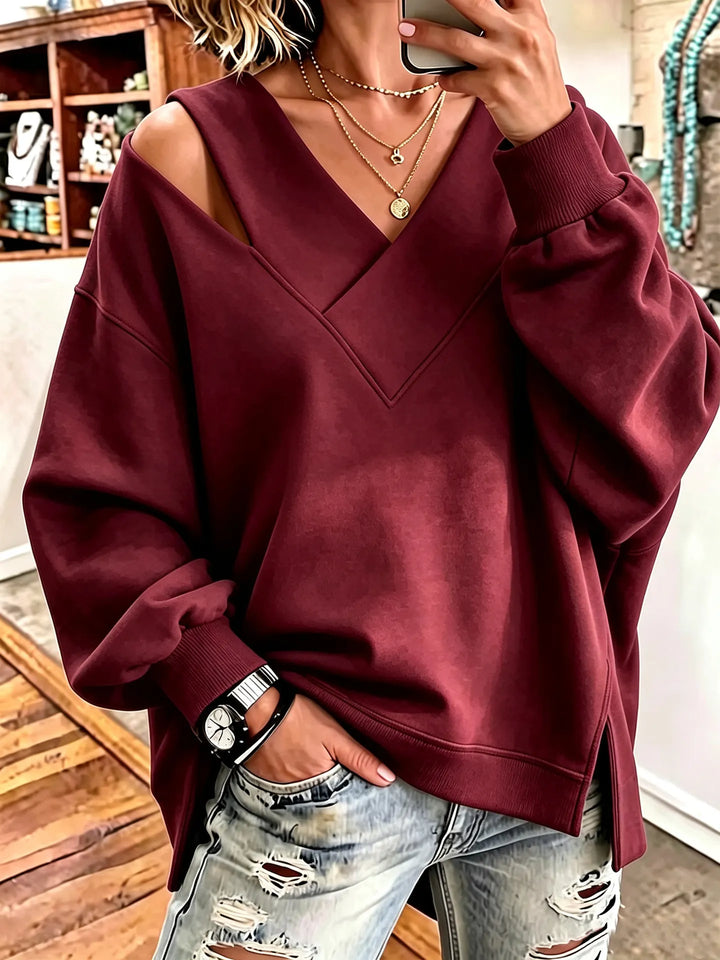 Kirstan - Camisola Oversized Elegante com Decote em V e Aberturas
