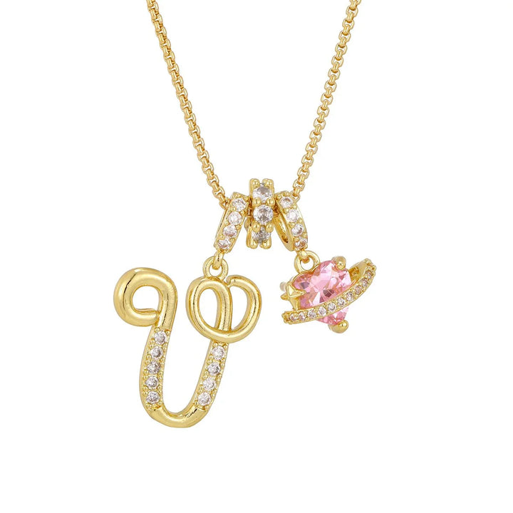 Nerute - Colar Com Inicial e Pingente em Forma de Coração Rosa