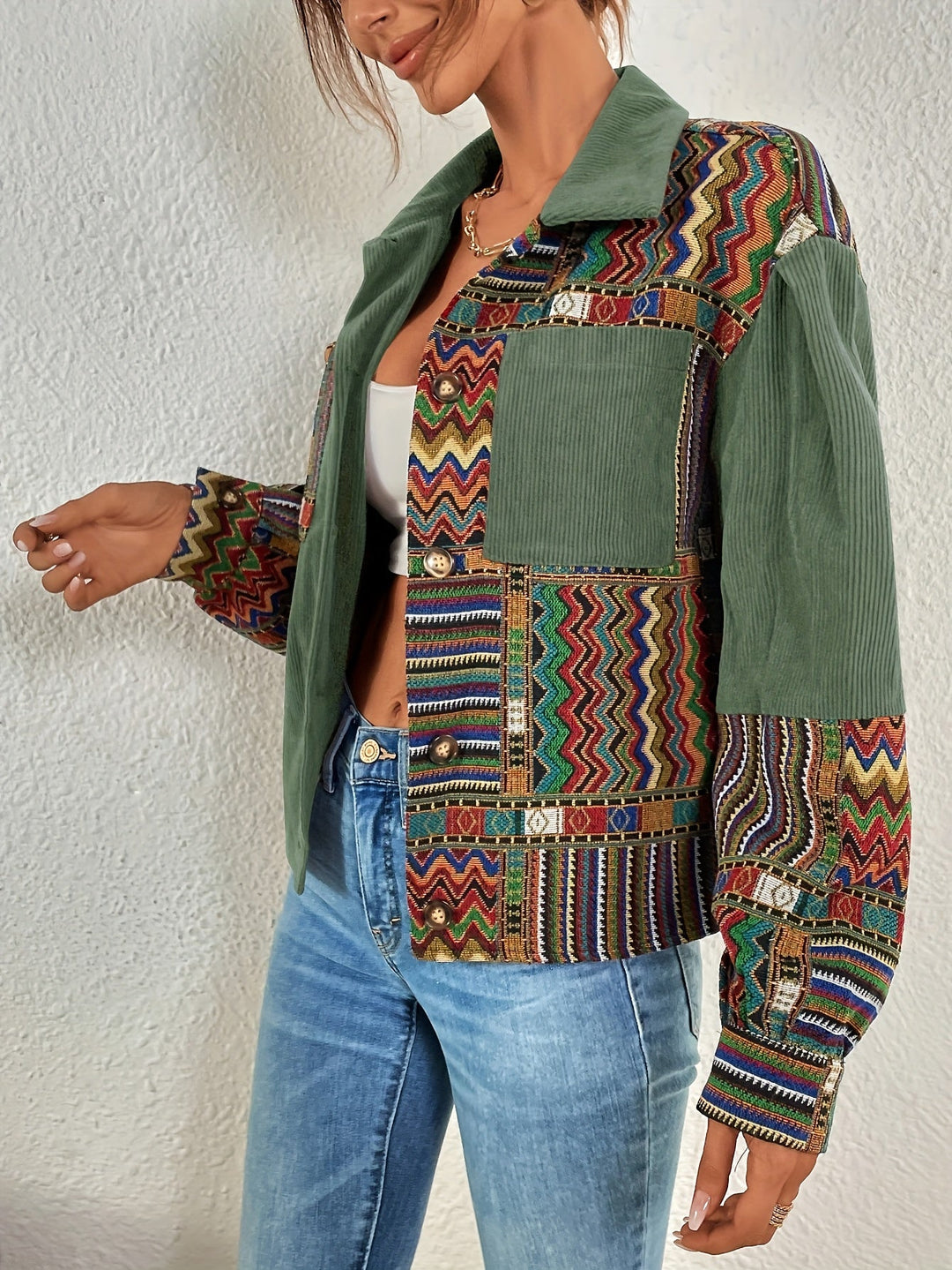 Amelina - Casaco De Veludo Cotelê Com Botões E Padrão Patchwork Boho