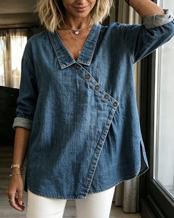 Olizia - Blusa Lisa Com Gola Diagonal Com Botões