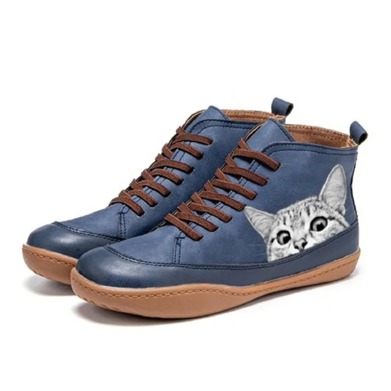 Fenna - Botas De Couro até Ao Tornozelo Para OS Amantes De Gatos
