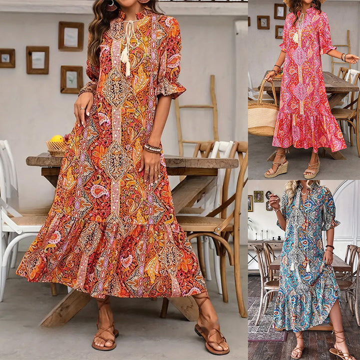 Aniy - Vestido de Verão com Padrão Floral e Decote em V