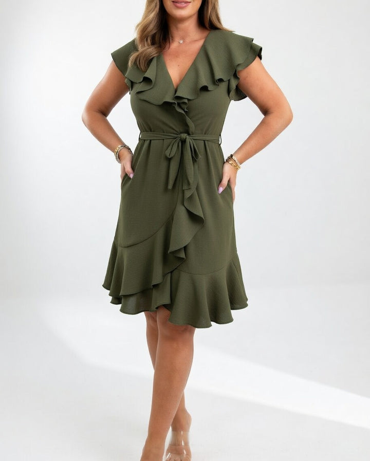 Geiss - Vestido Envolvente Elegante Com Folhos Esvoaçantes