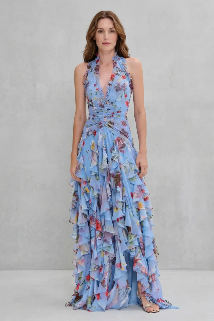 Eliora - Vestido Maxi Com Decote Halter e Padrão Floral Em Cascata