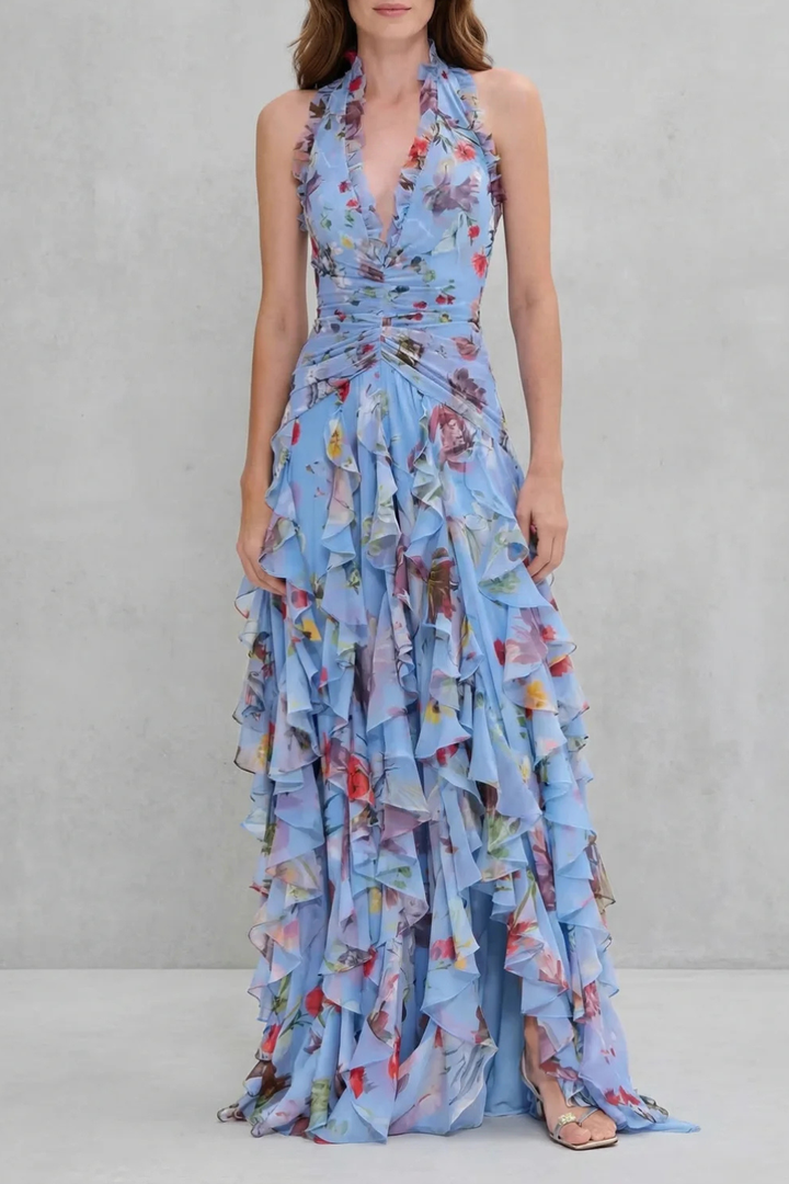 Eliora - Vestido Maxi Com Decote Halter e Padrão Floral Em Cascata