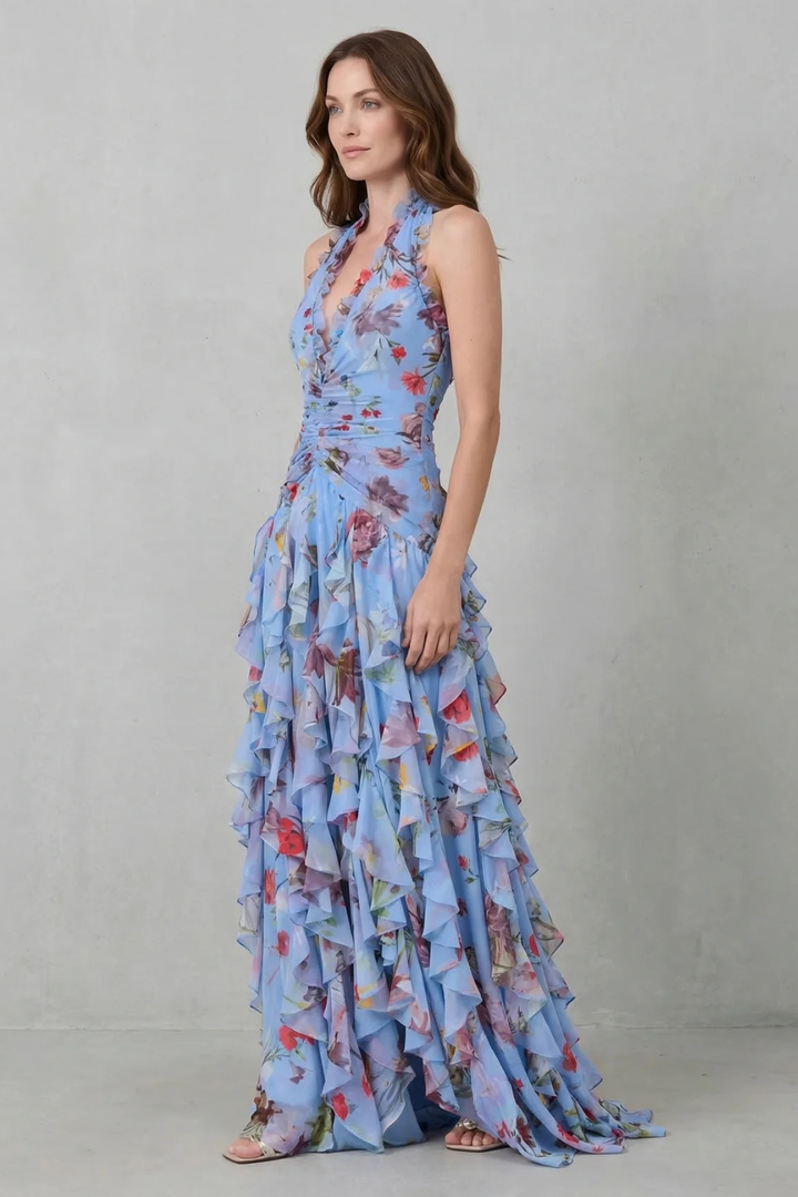 Eliora - Vestido Maxi Com Decote Halter e Padrão Floral Em Cascata