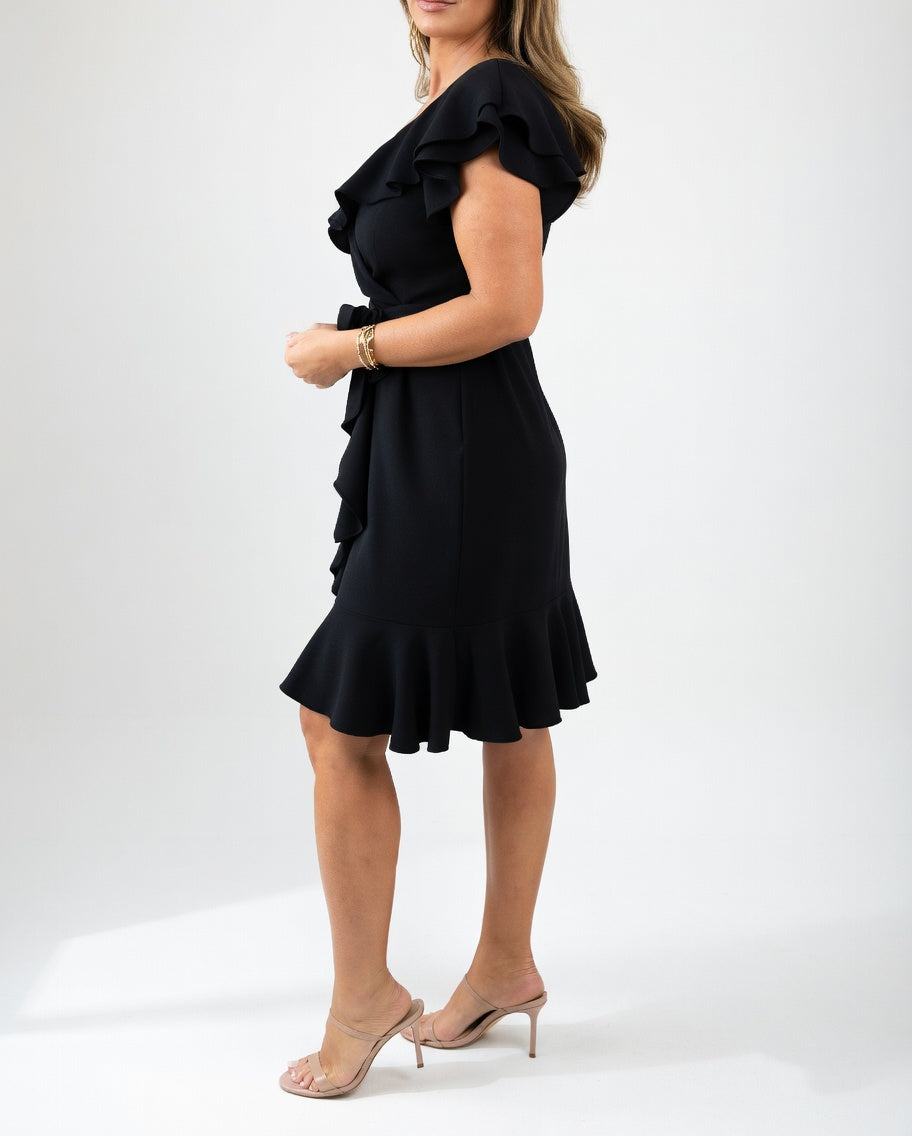 Geiss - Vestido Envolvente Elegante Com Folhos Esvoaçantes