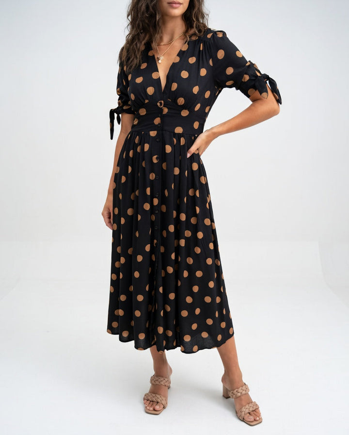 Fabienne - Vestido Midi Elegante Com Padrão De Bolinhas