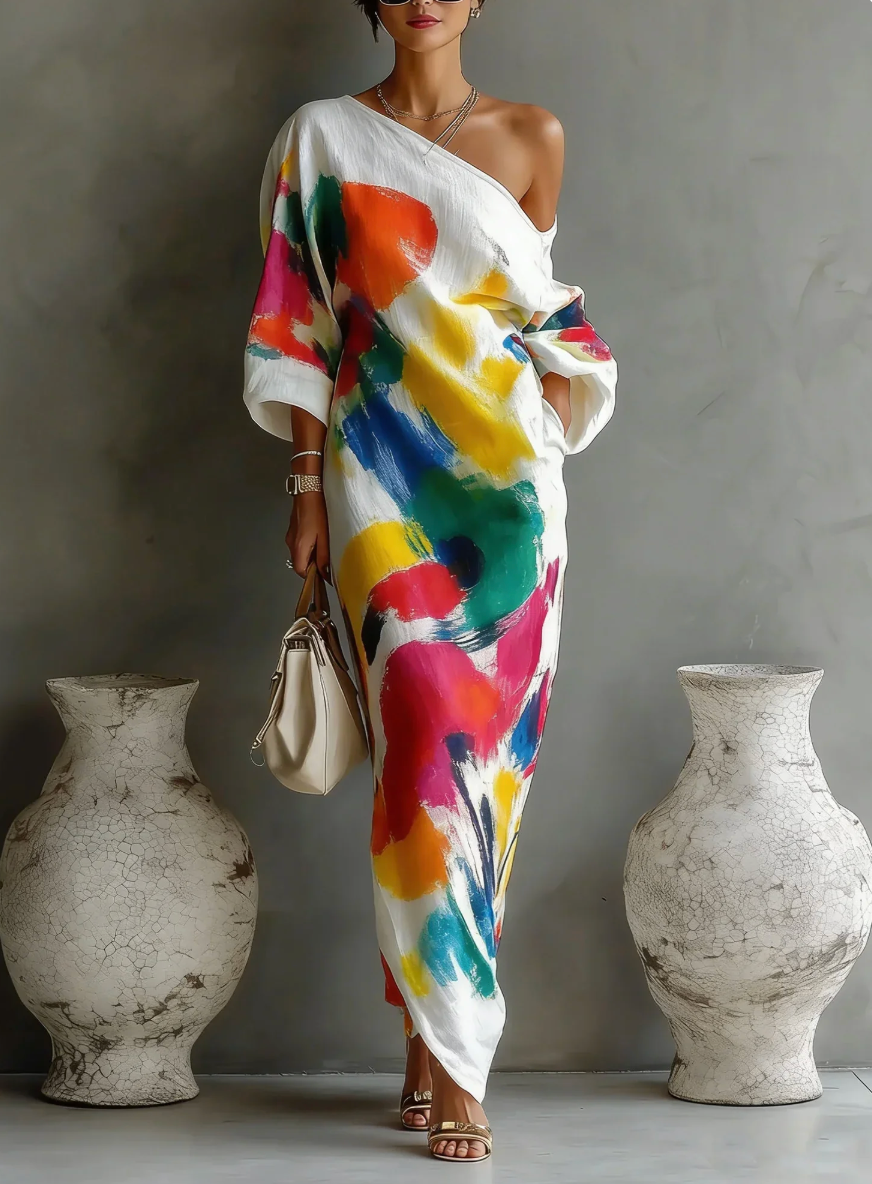 Lorrainen - Vestido Maxi Artístico de Um Ombro