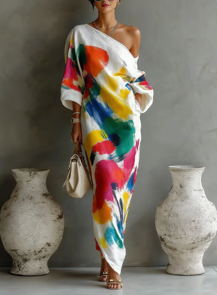 Lorrainen - Vestido Maxi Artístico de Um Ombro