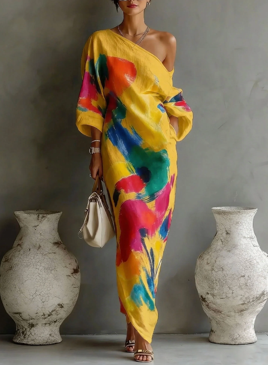 Lorrainen - Vestido Maxi Artístico de Um Ombro