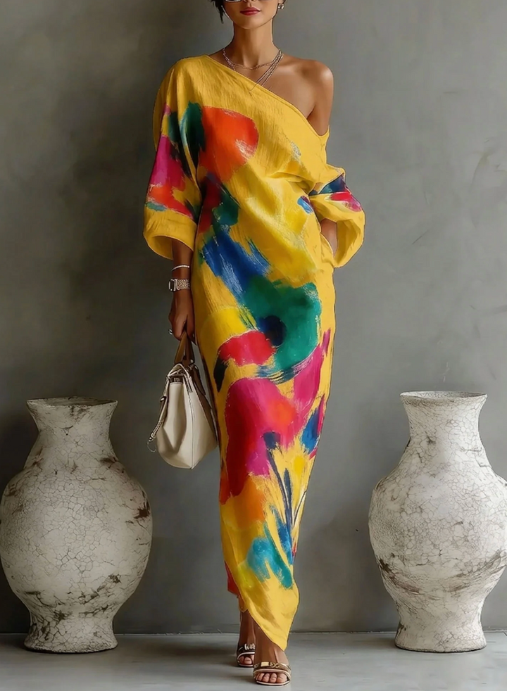 Lorrainen - Vestido Maxi Artístico de Um Ombro