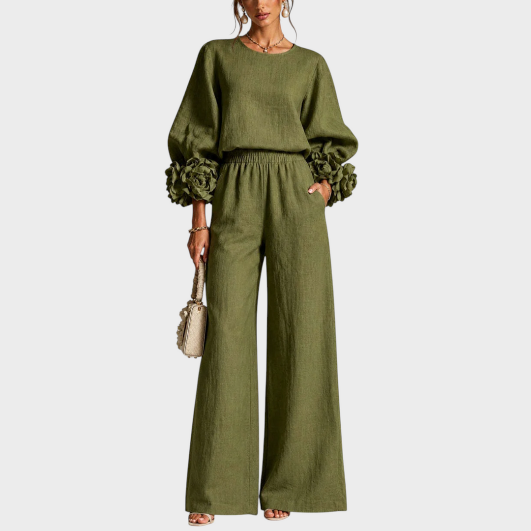 Mersada - Conjunto Com Camisa de Manga Comprida com Punhos Florais e Calças de Perna Larga