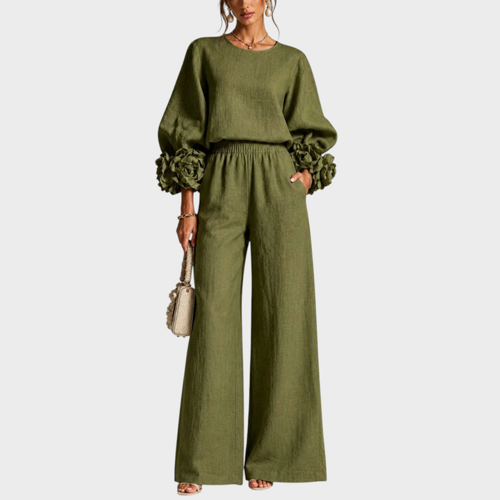 Mersada - Conjunto Com Camisa de Manga Comprida com Punhos Florais e Calças de Perna Larga