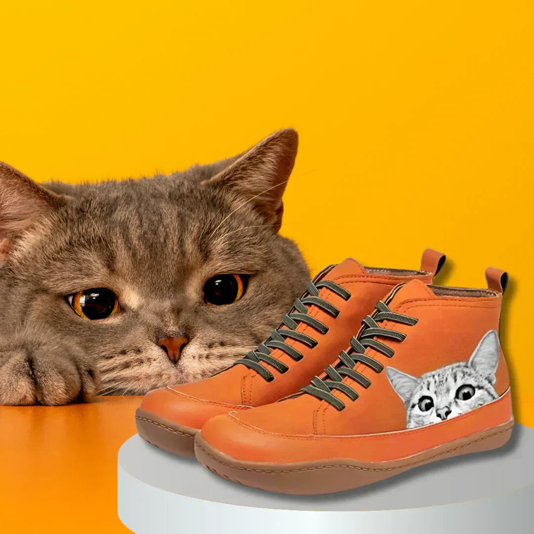Fenna - Botas De Couro até Ao Tornozelo Para OS Amantes De Gatos