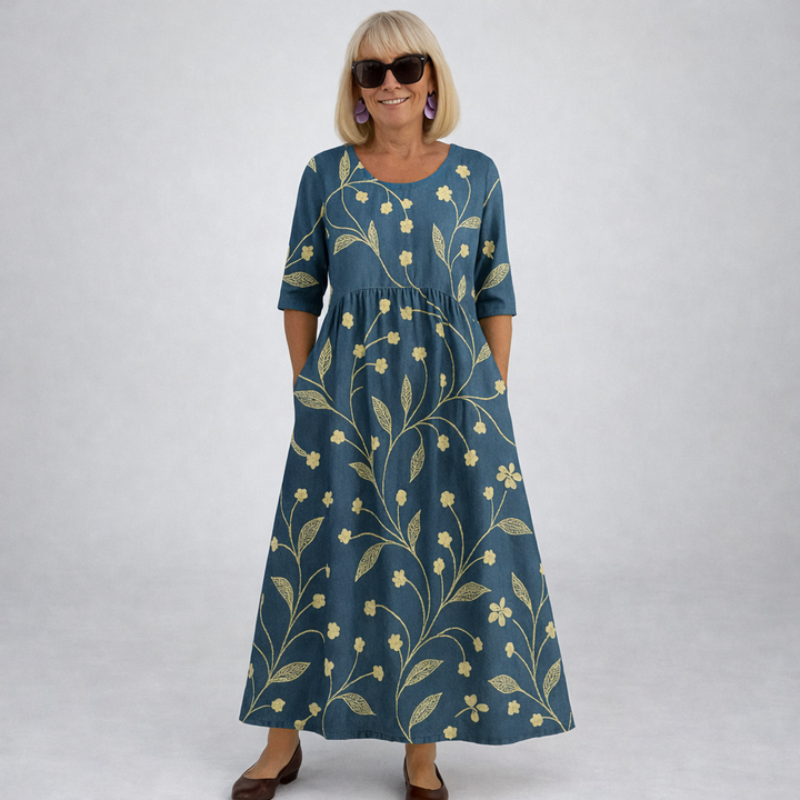 Zunia - Vestido Midi Com Padrão Floral e Bolsos
