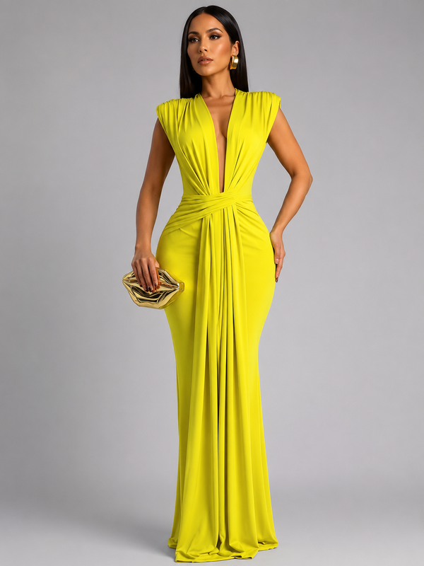 Femke - Vestido maxi com decote em V e franzido
