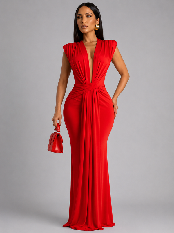 Femke - Vestido maxi com decote em V e franzido