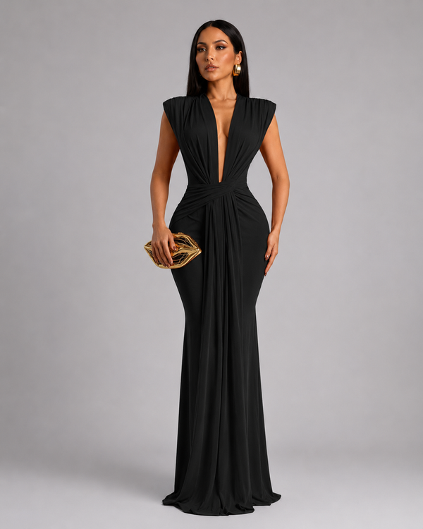 Femke - Vestido maxi com decote em V e franzido