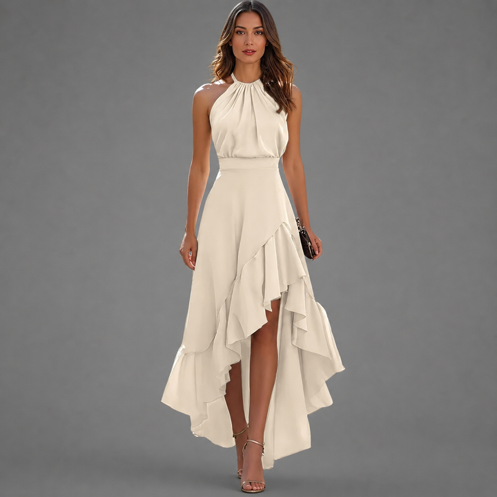 Benetou - Vestido Maxi Com Decote Halter, Folhos E Corte Assimétrico