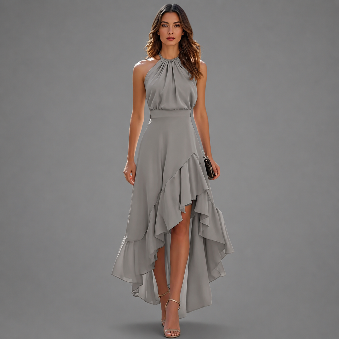 Benetou - Vestido Maxi Com Decote Halter, Folhos E Corte Assimétrico