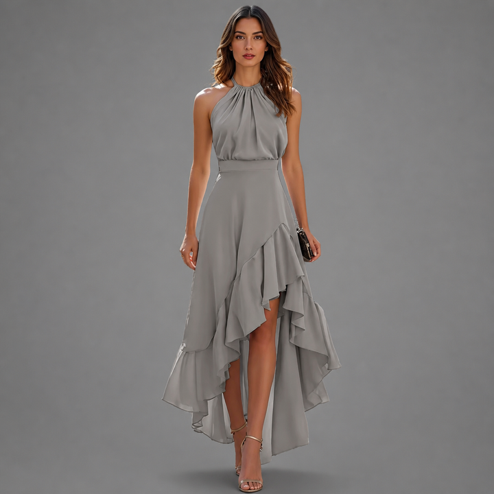 Benetou - Vestido Maxi Com Decote Halter, Folhos E Corte Assimétrico