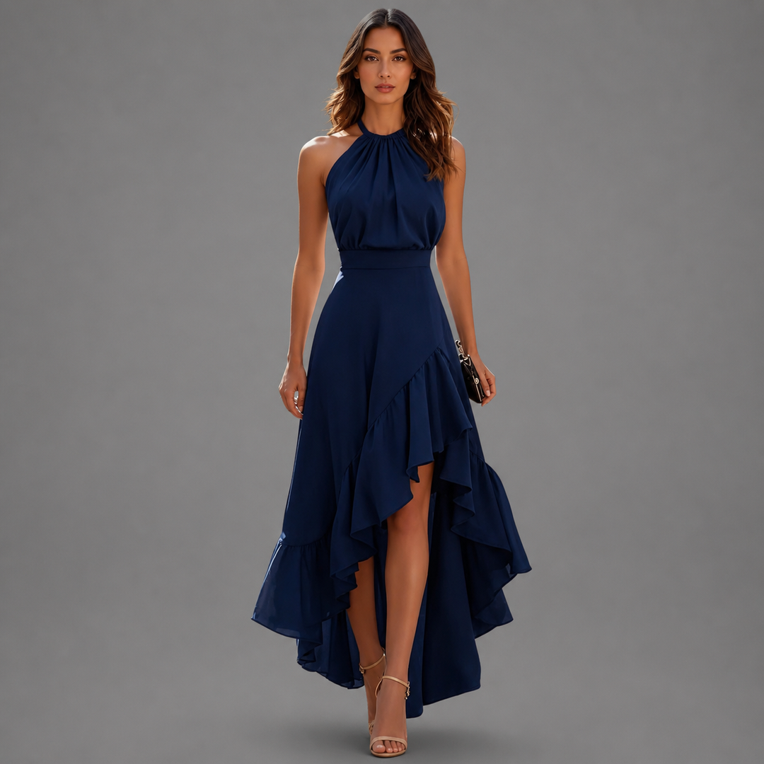 Benetou - Vestido Maxi Com Decote Halter, Folhos E Corte Assimétrico