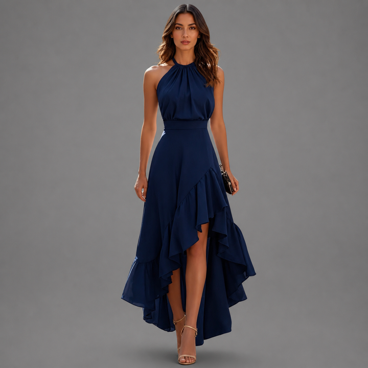 Benetou - Vestido Maxi Com Decote Halter, Folhos E Corte Assimétrico